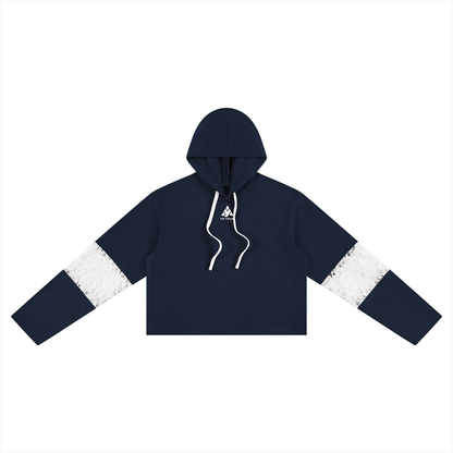 YA TOUR Women's Cropped Lace-Panel Hoodie – Navy Blue, front flat lay showing cropped boxy silhouette, lace panel on sleeve, drawstring hood and straight hem