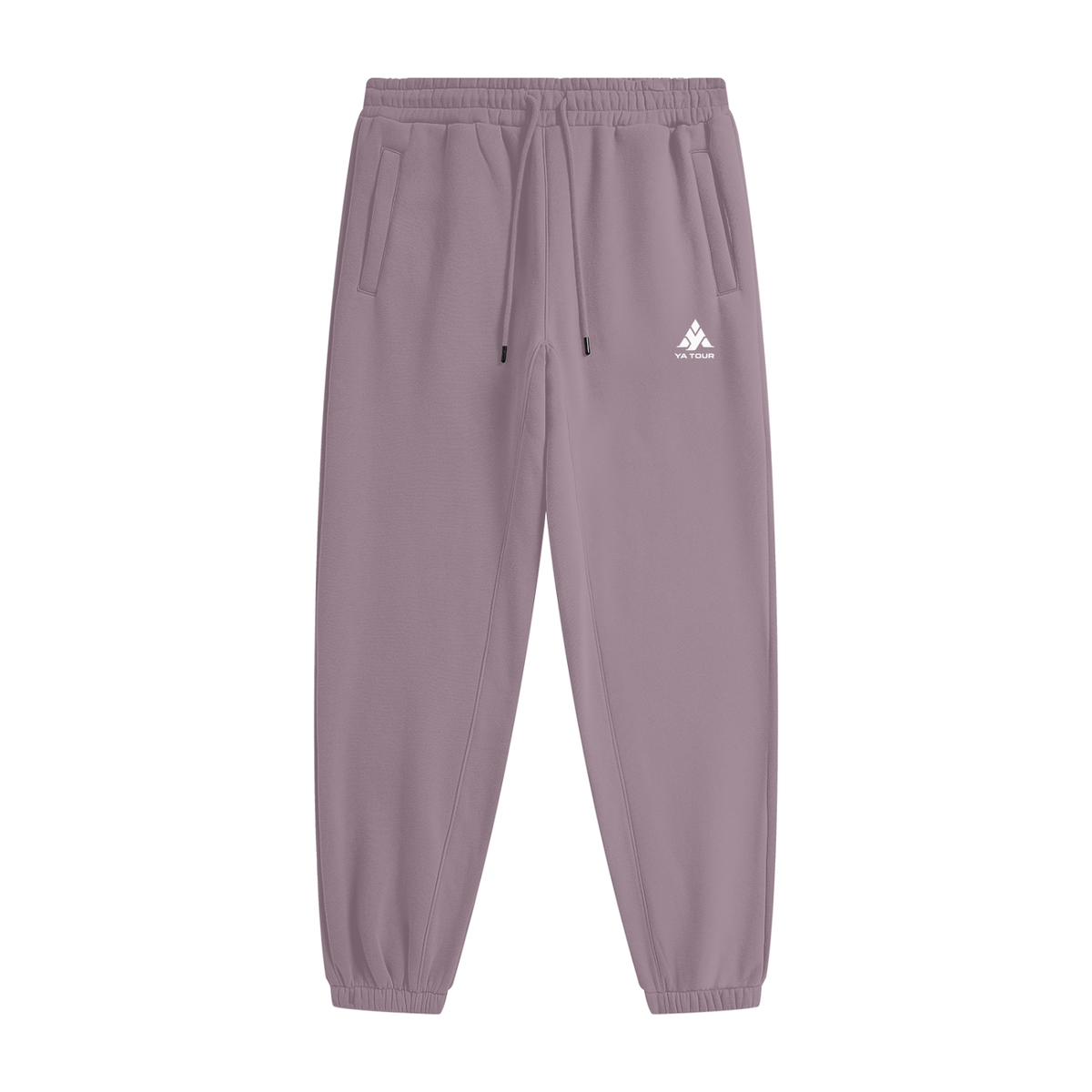 YA TOUR Unisex Heavyweight Fleece Joggers – Ash Purple, front flat lay showing mid-rise elastic waistband with drawstring, side pockets, tapered cuff and YA TOUR logo