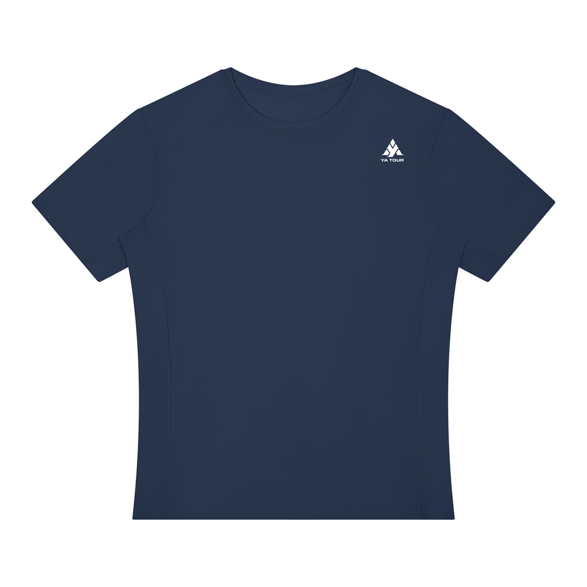 YA TOUR Men's Lightweight Performance T-Shirt – Navy Blue, front flat lay showing crewneck, short sleeve and straight hem with logo YA TOUR on the chest