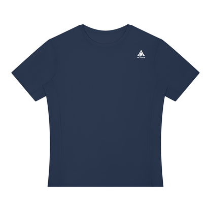 YA TOUR Men's Lightweight Performance T-Shirt – Navy Blue, front flat lay showing crewneck, short sleeve and straight hem with logo YA TOUR on the chest