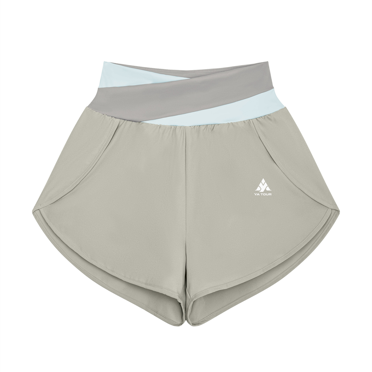 YA TOUR Women's Tennis Panelled Shorts – Light Gray with Light Blue crossover color block waistband, front flat lay showing high-waist design, inner liner and overlay construction