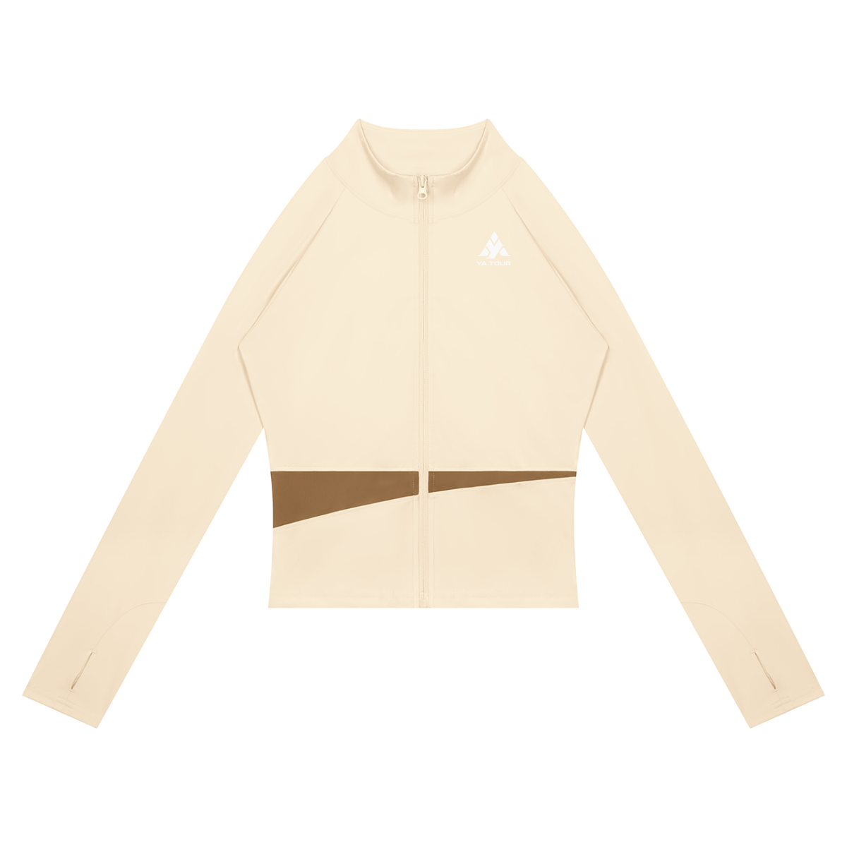 YA TOUR Women's Paneled Tennis Jacket – Apricot with Khaki panel, front flat lay showing stand collar, full-zip closure and YA TOUR logo on chest