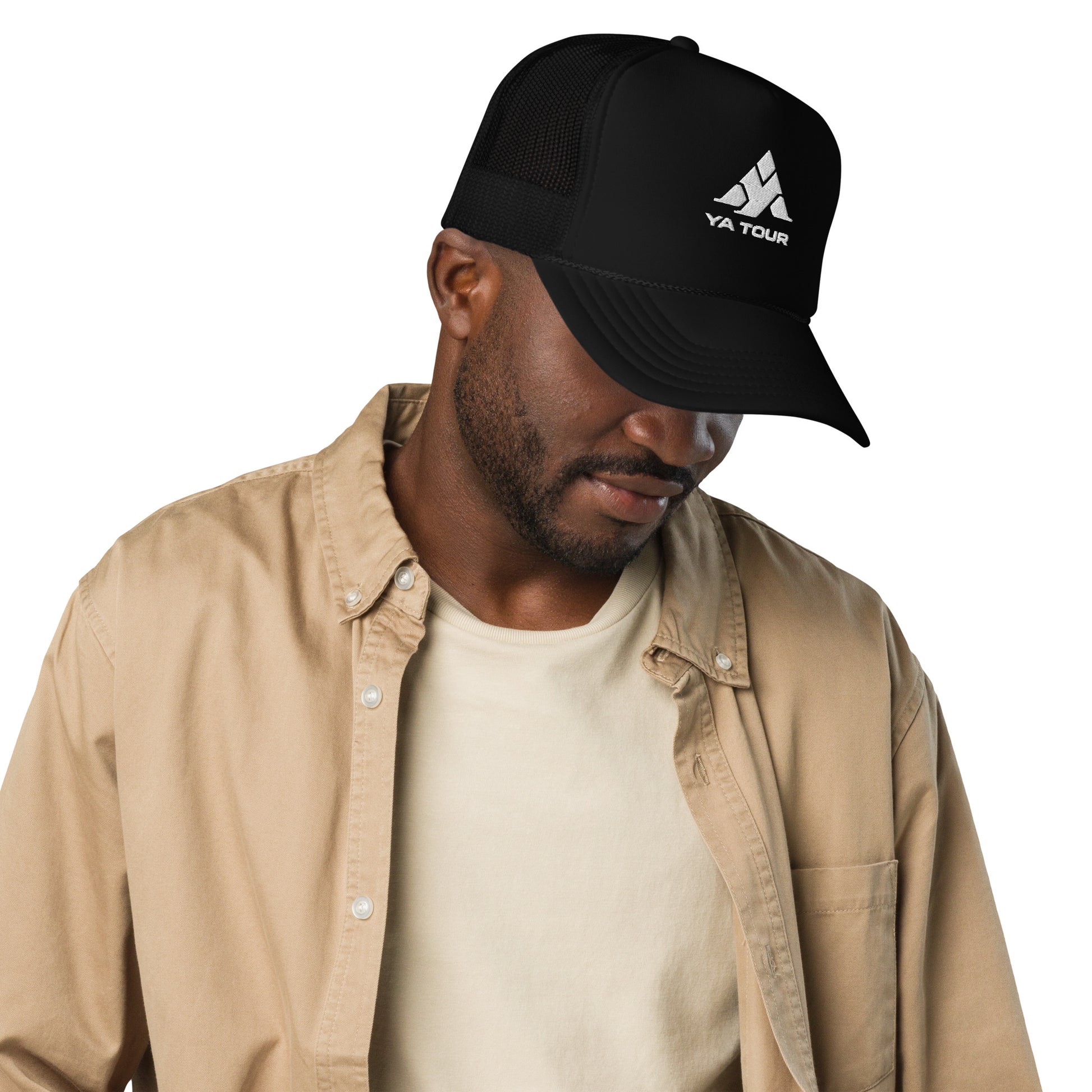YA TOUR Foam Trucker Hat black right front view