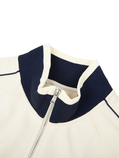 YA TOUR Color Block Raglan Sleeve Zip Track Jacket — close-up of contrast collar and zip detail