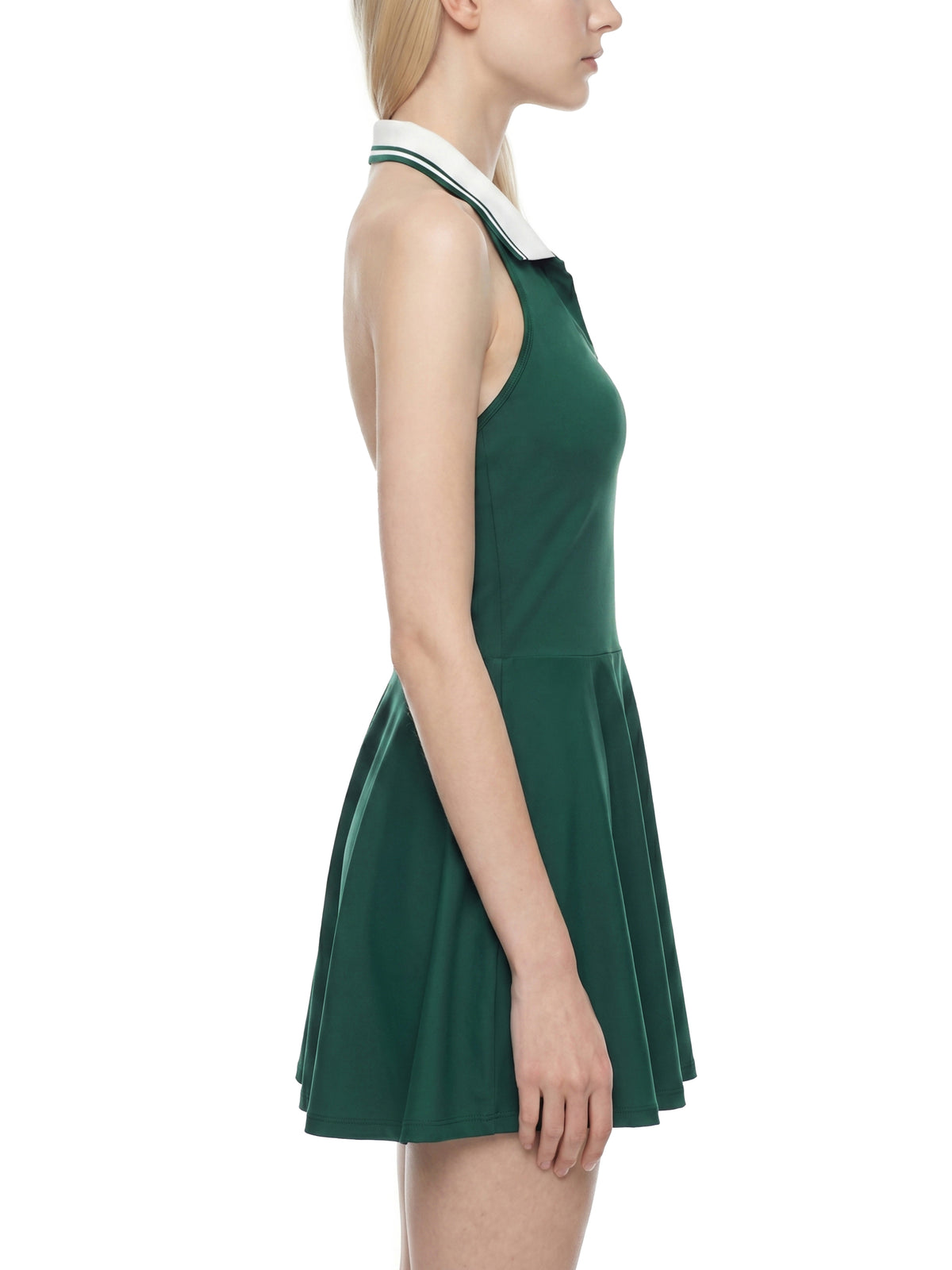 YA TOUR Women's Collared Halter A-Line Tennis Dress blackish green — side view on model showing A-line silhouette and fitted waist