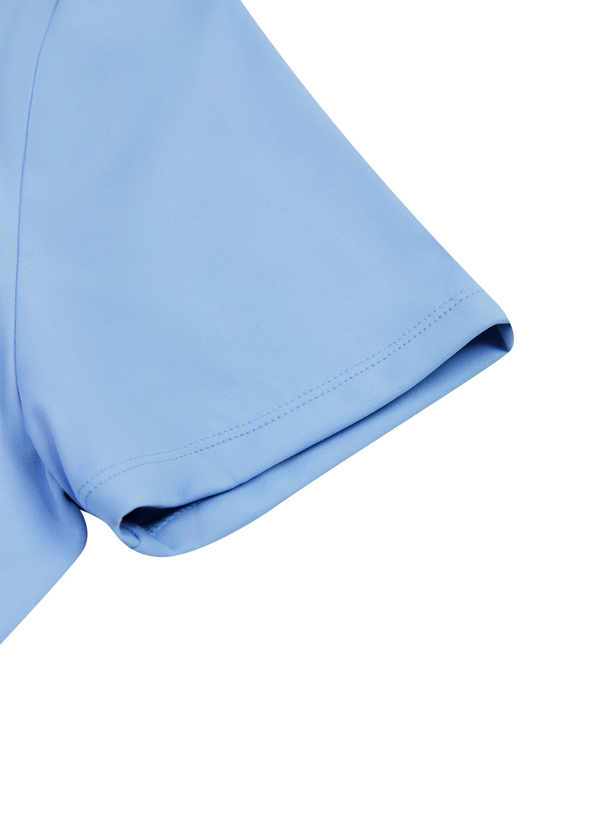 YA TOUR Women's Tight Flared Leg Quarter-Zip Jumpsuit – Blue, close-up of short sleeve and nylon-spandex fabric texture