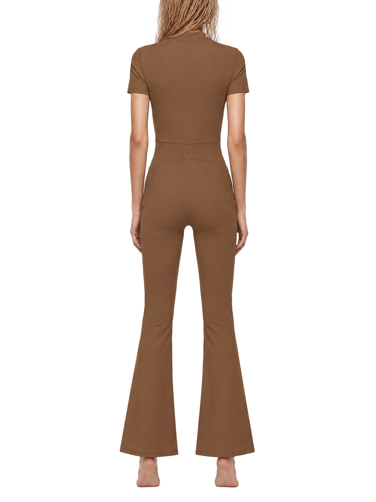 YA TOUR Women's Tight Flared Leg Quarter-Zip Jumpsuit – Brown, on-model back view showing bodycon fit and flared leg hem