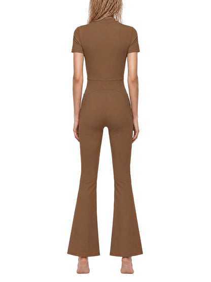 YA TOUR Women's Tight Flared Leg Quarter-Zip Jumpsuit – Brown, on-model back view showing bodycon fit and flared leg hem