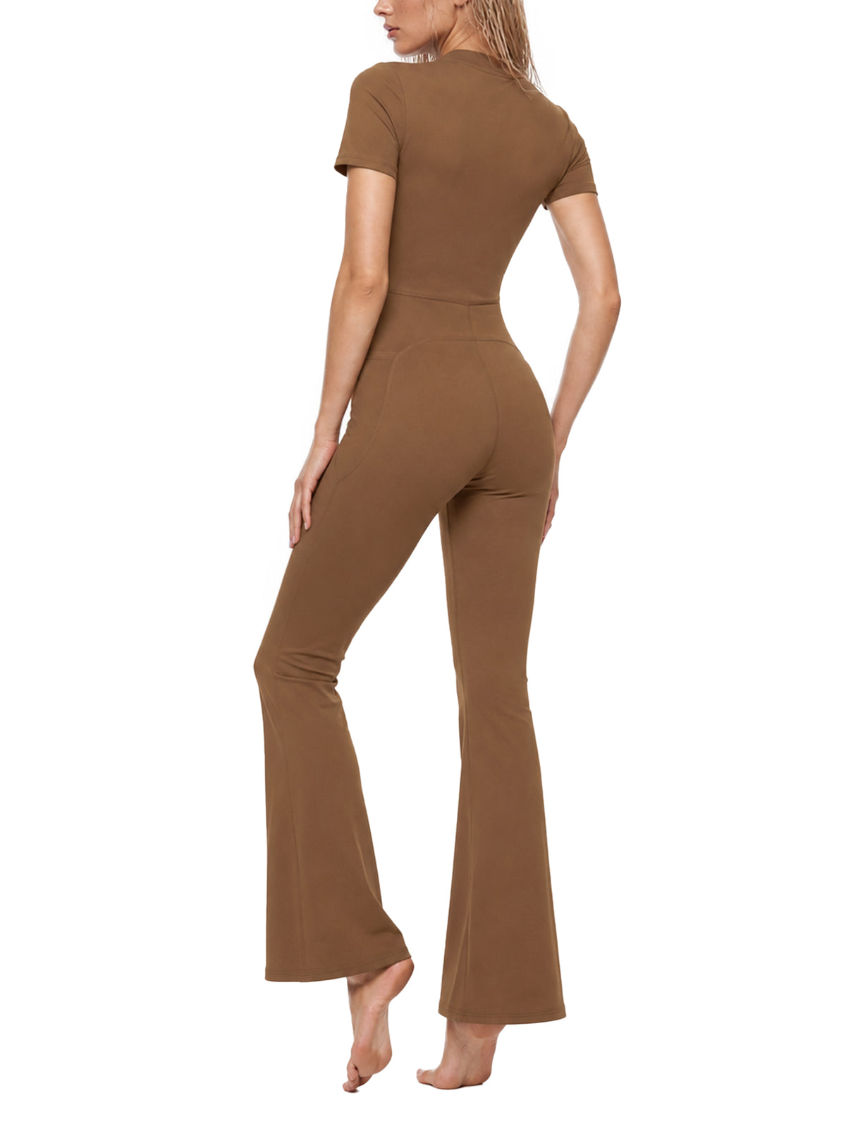 YA TOUR Women's Tight Flared Leg Quarter-Zip Jumpsuit – Brown, on-model back angle showing fitted waist and flared leg