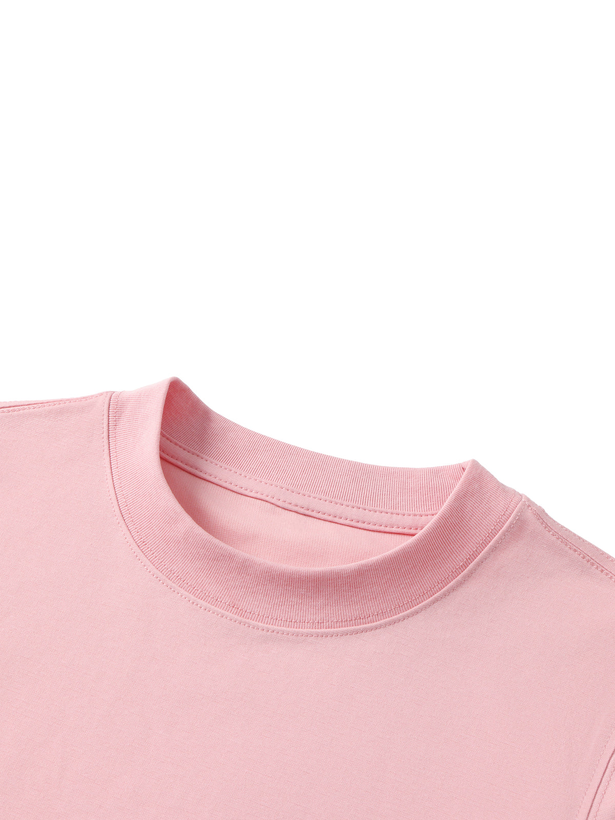 YA TOUR Kid's Solid Crewneck T-Shirt – Light Pink, close-up of ribbed crewneck collar showing double-stitch construction and soft cotton-polyester blend