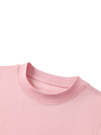 YA TOUR Kid's Solid Crewneck T-Shirt – Light Pink, close-up of ribbed crewneck collar showing double-stitch construction and soft cotton-polyester blend