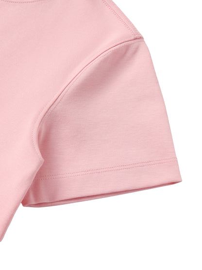 YA TOUR Kid's Solid Crewneck T-Shirt – Light Pink, close-up of drop shoulder sleeve hem showing clean double-stitch seam and smooth fabric drape