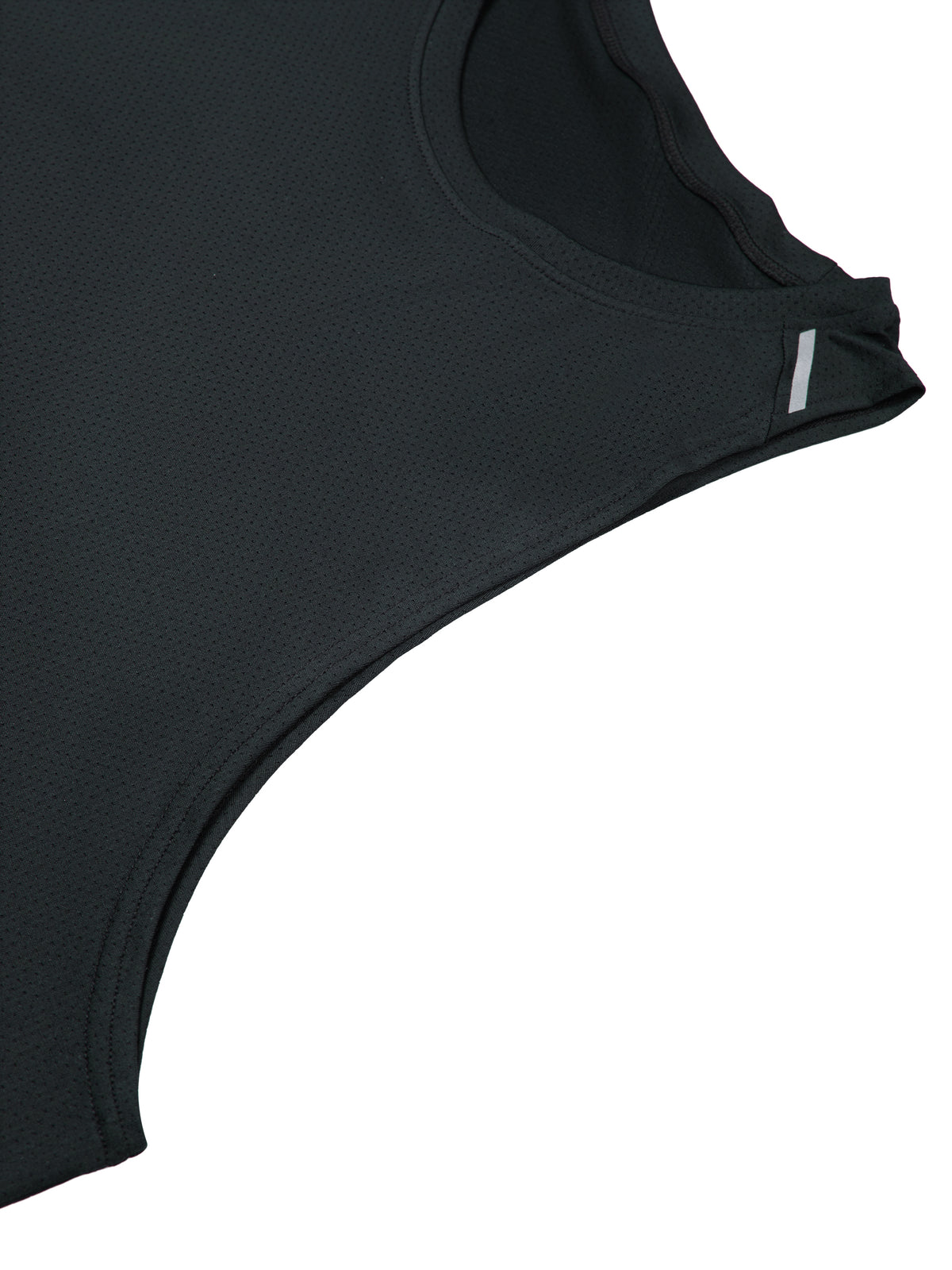 YA TOUR Men's Performance Tank Top – Black, close-up of curved hem and reflective detail on shoulder strap showing fabric texture and construction