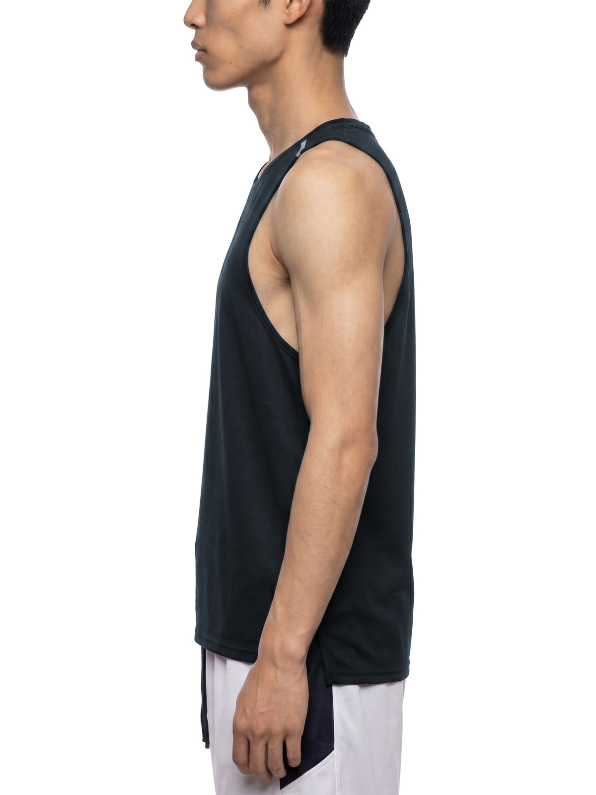YA TOUR Men's Performance Tank Top – Black, on-model side view showing crew neck, sleeveless cut, deep armhole, loose athletic fit and reflective shoulder strap detail