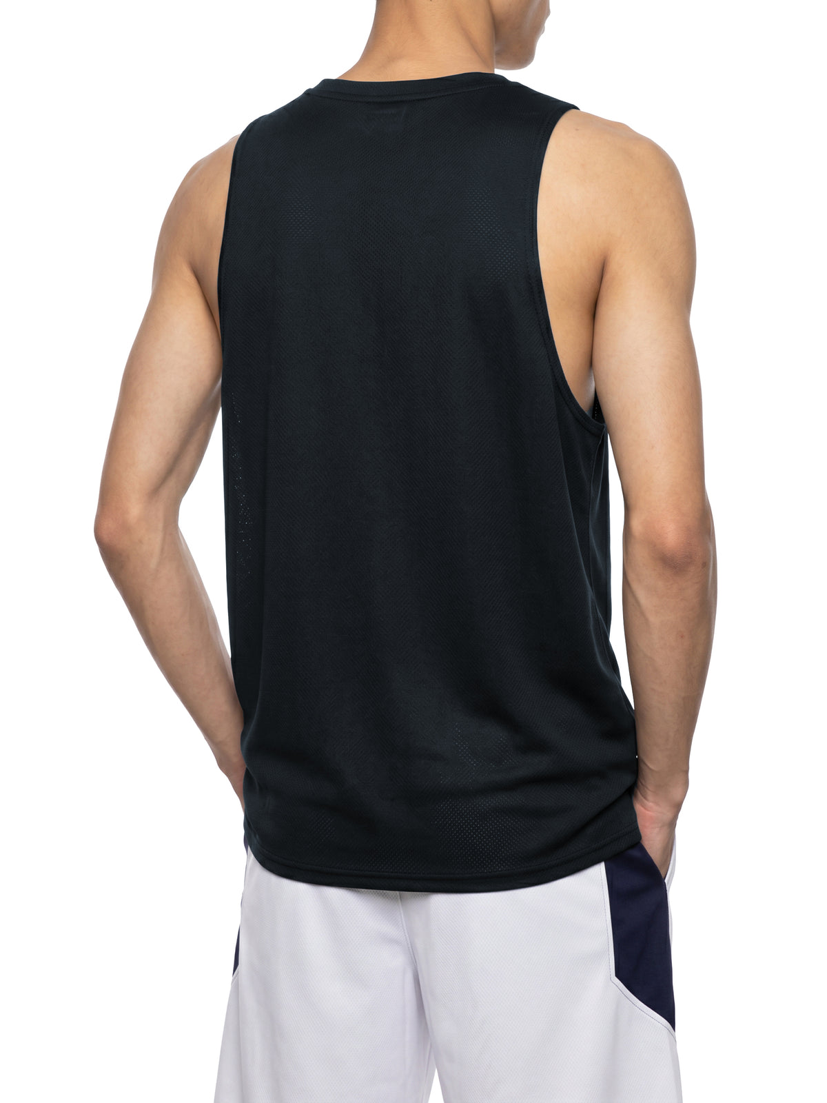 YA TOUR Men's Performance Tank Top – Black, on-model back view showing crew neck, sleeveless cut, loose athletic fit and breathable mesh back construction