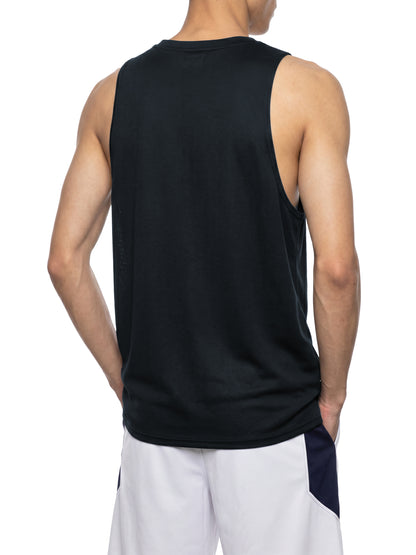 YA TOUR Men's Performance Tank Top – Black, on-model back view showing crew neck, sleeveless cut, loose athletic fit and breathable mesh back construction