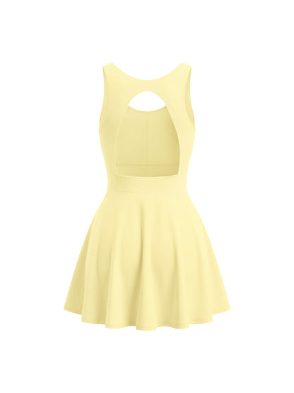 YA TOUR Women's Open-Back Tennis Dress – Yellow, close-up of open-back cutout detail