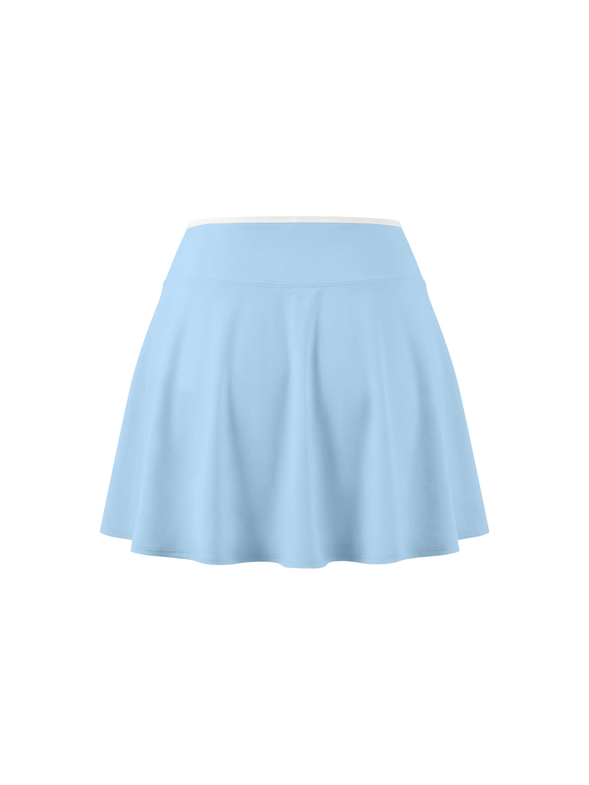 YA TOUR Women's Color Block A-Line Skirt – Sky Blue, back flat lay view showing A-line silhouette and white color block waistband trim