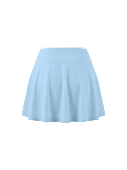 YA TOUR Women's Color Block A-Line Skirt – Sky Blue, back flat lay view showing A-line silhouette and white color block waistband trim