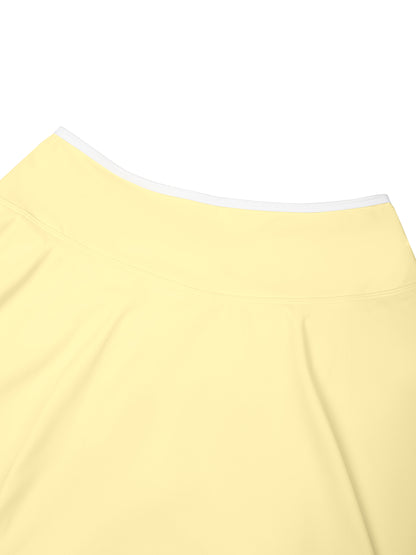 YA TOUR Women's Color Block A-Line Skirt – Light Yellow, close-up of crossover waistband and white color block trim detail