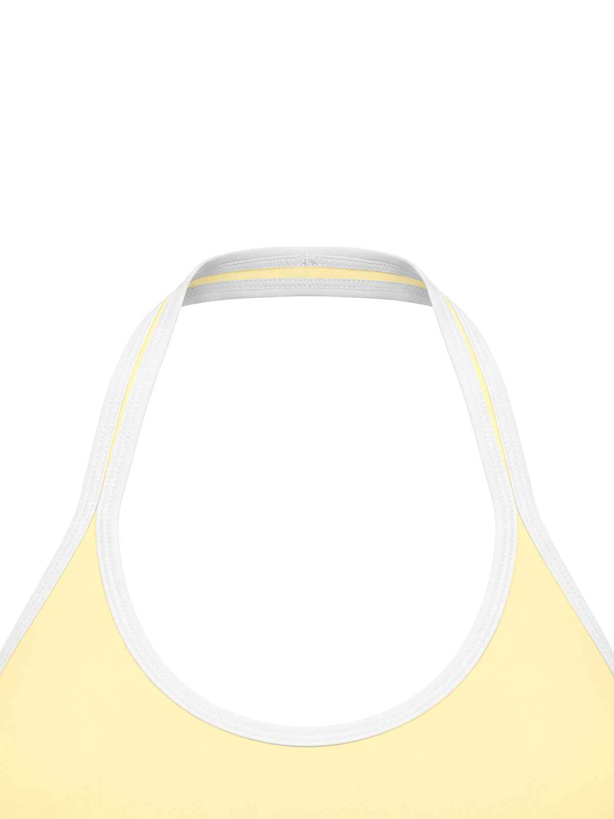 YA TOUR Women's Halter Color Block Sports Bra – Light Yellow, close-up of halter tie neck construction and color block collar detail