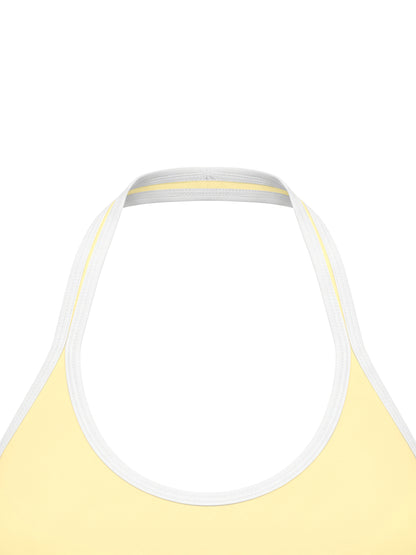 YA TOUR Women's Halter Color Block Sports Bra – Light Yellow, close-up of halter tie neck construction and color block collar detail