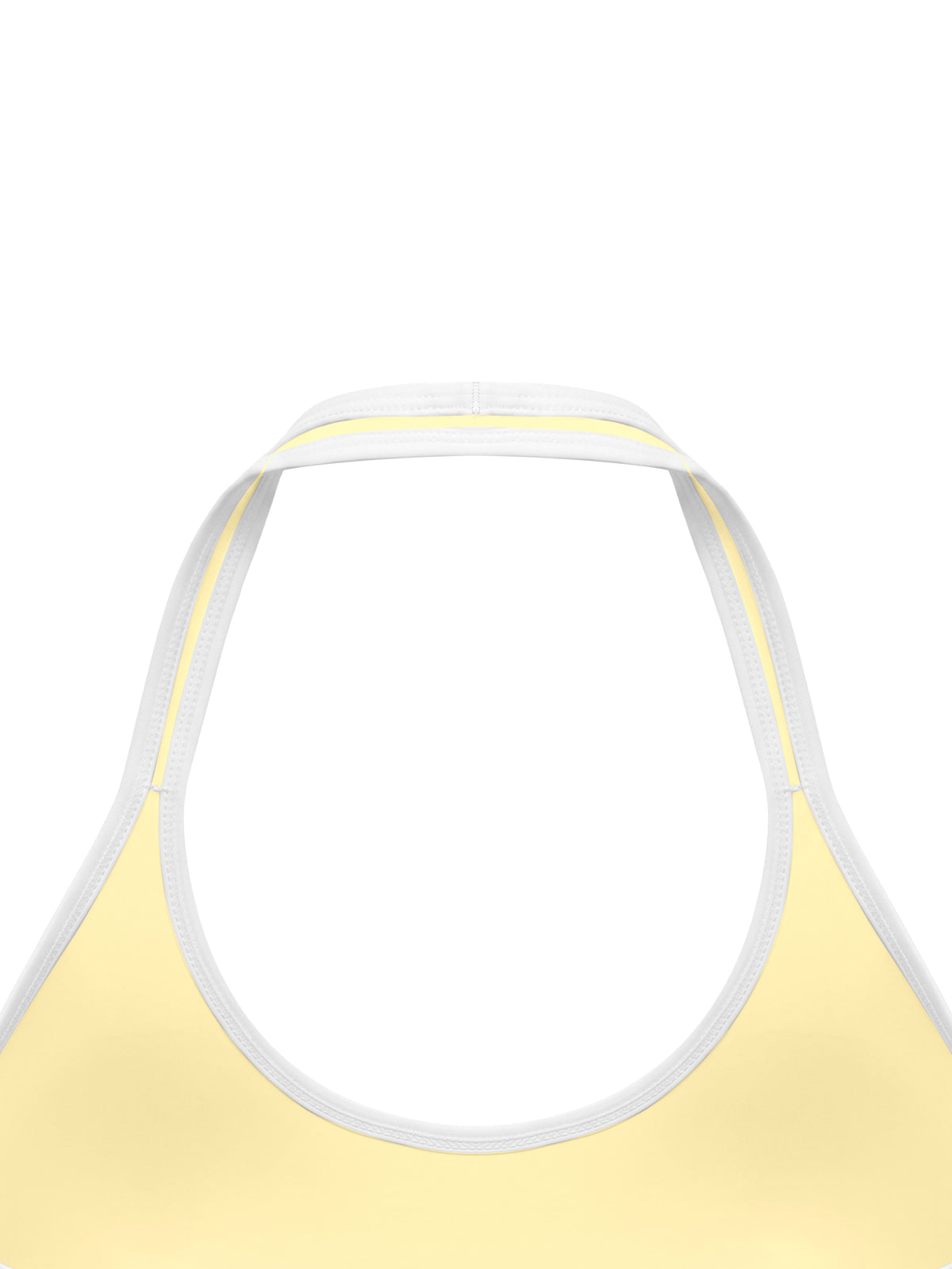YA TOUR Women's Halter Color Block Sports Bra – Light Yellow, close-up of halter tie back and color block underbust band construction