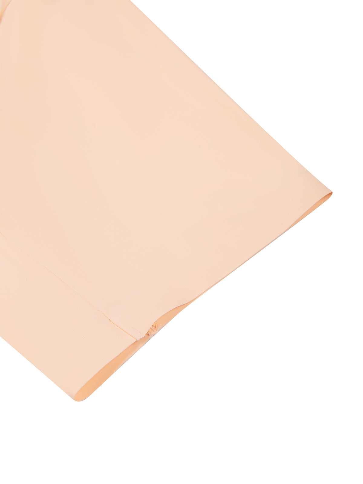 YA TOUR Men's Lightweight Performance T-Shirt – Peach/Apricot, close-up of sleeve hem showing clean straight-cut edge and lightweight nylon fabric 