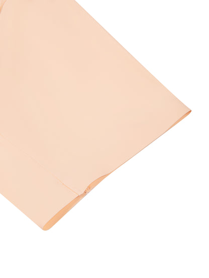 YA TOUR Men's Lightweight Performance T-Shirt – Peach/Apricot, close-up of sleeve hem showing clean straight-cut edge and lightweight nylon fabric 