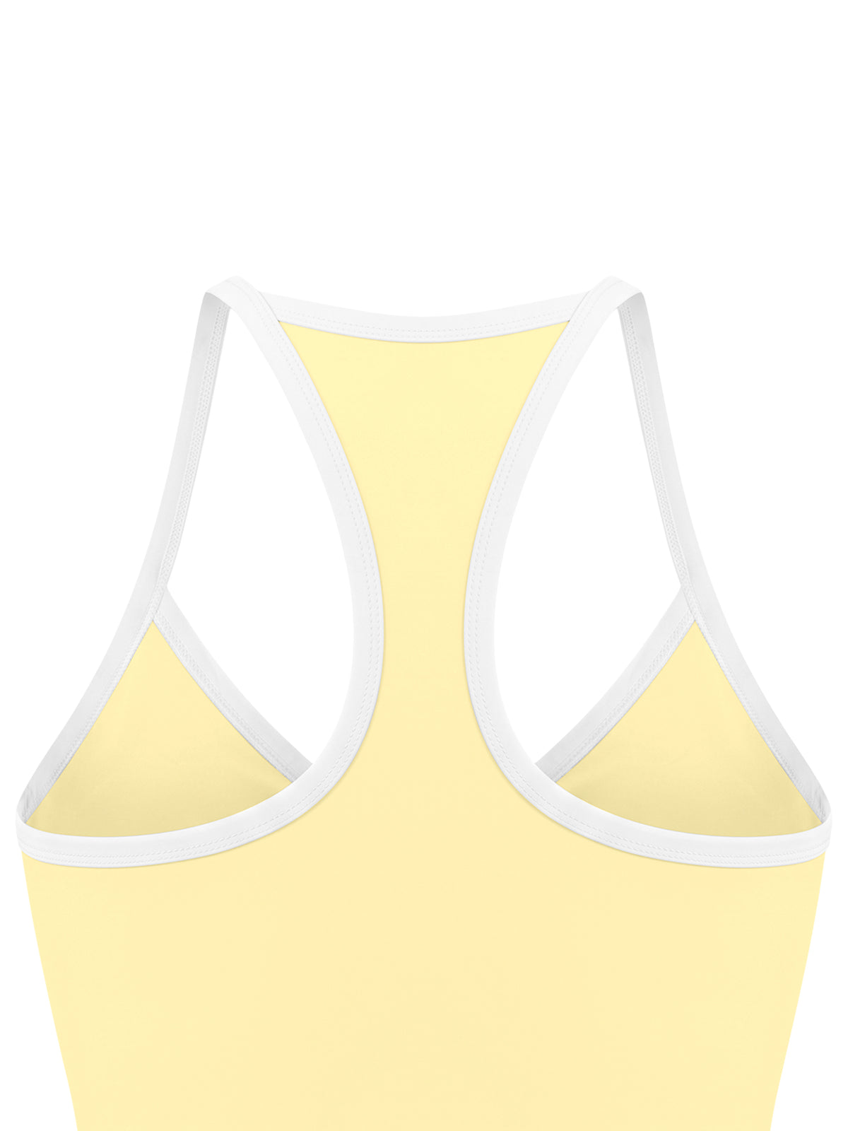 YA TOUR Women's Color Block Yoga Tank Top – Light Yellow, close-up of open racerback construction and white color block strap detail