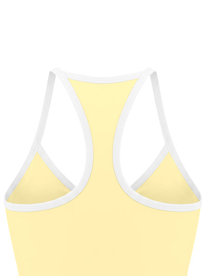 YA TOUR Women's Color Block Yoga Tank Top – Light Yellow, close-up of open racerback construction and white color block strap detail