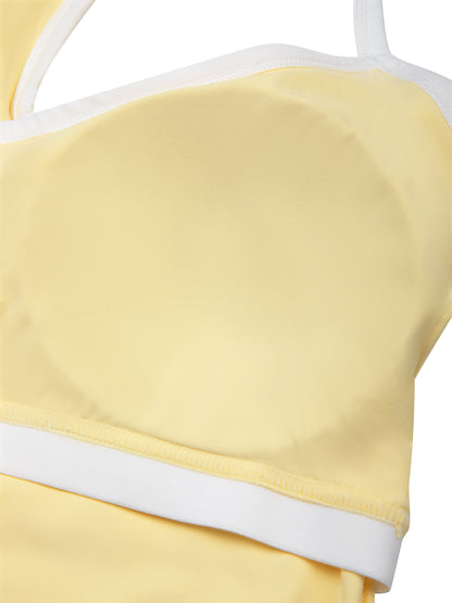 YA TOUR Women's Color Block Yoga Tank Top – Light Yellow, close-up of built-in cup pad shape and polyamide-elastane fabric construction