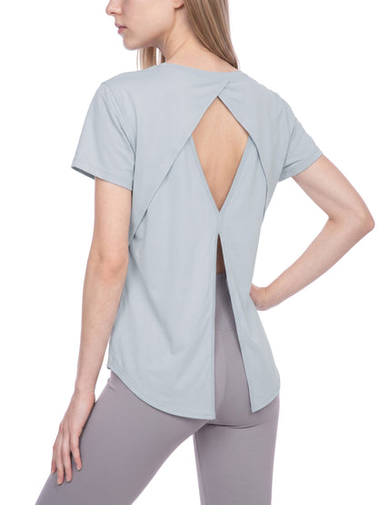 YA TOUR Women's Raglan Training T-Shirt – Gray Blue, back angle view on model showing geometric open back detail