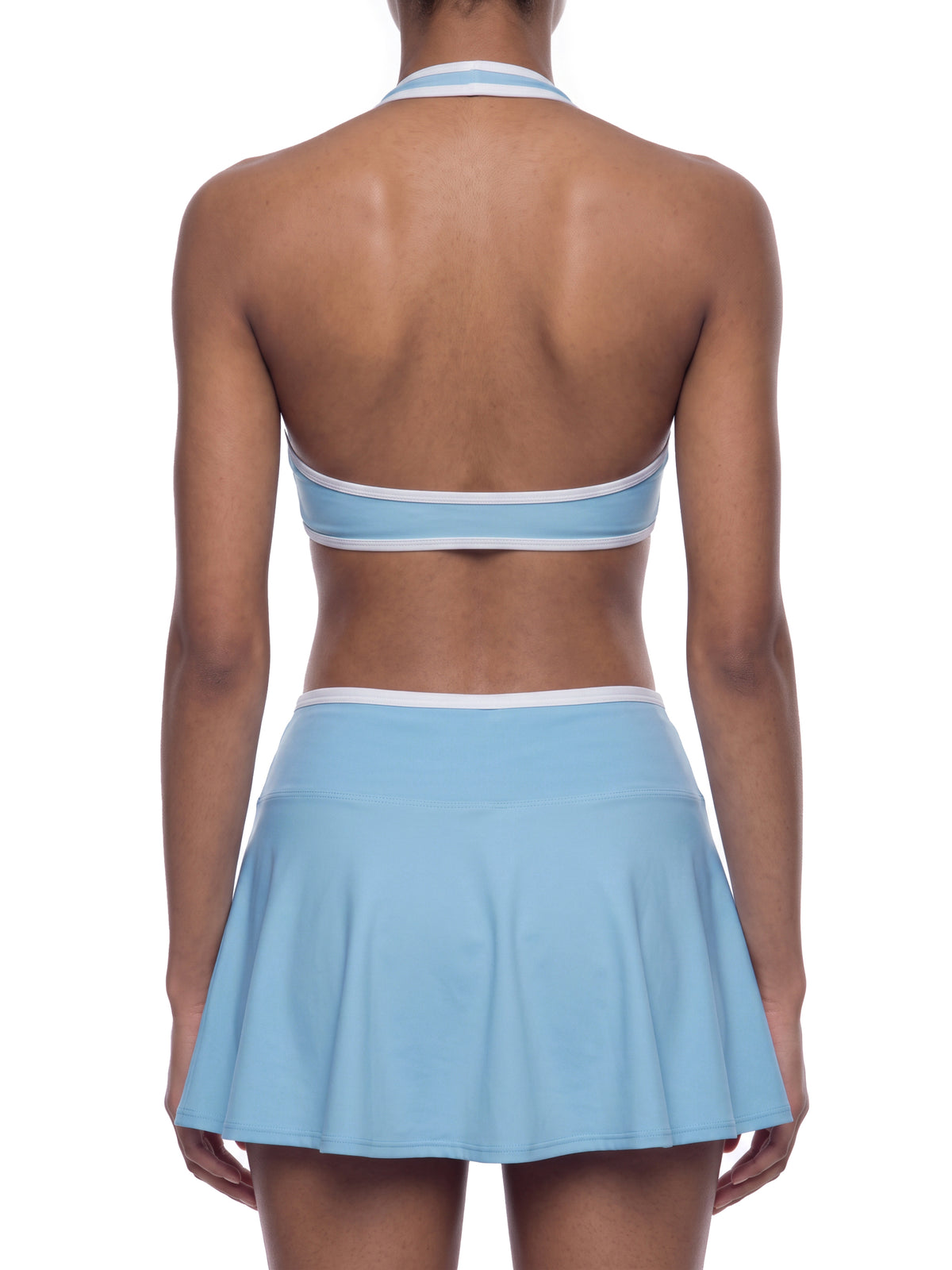 YA TOUR Women's Halter Color Block Sports Bra – Sky Blue, on-model back view showing open back halter tie design and color block underbust band
