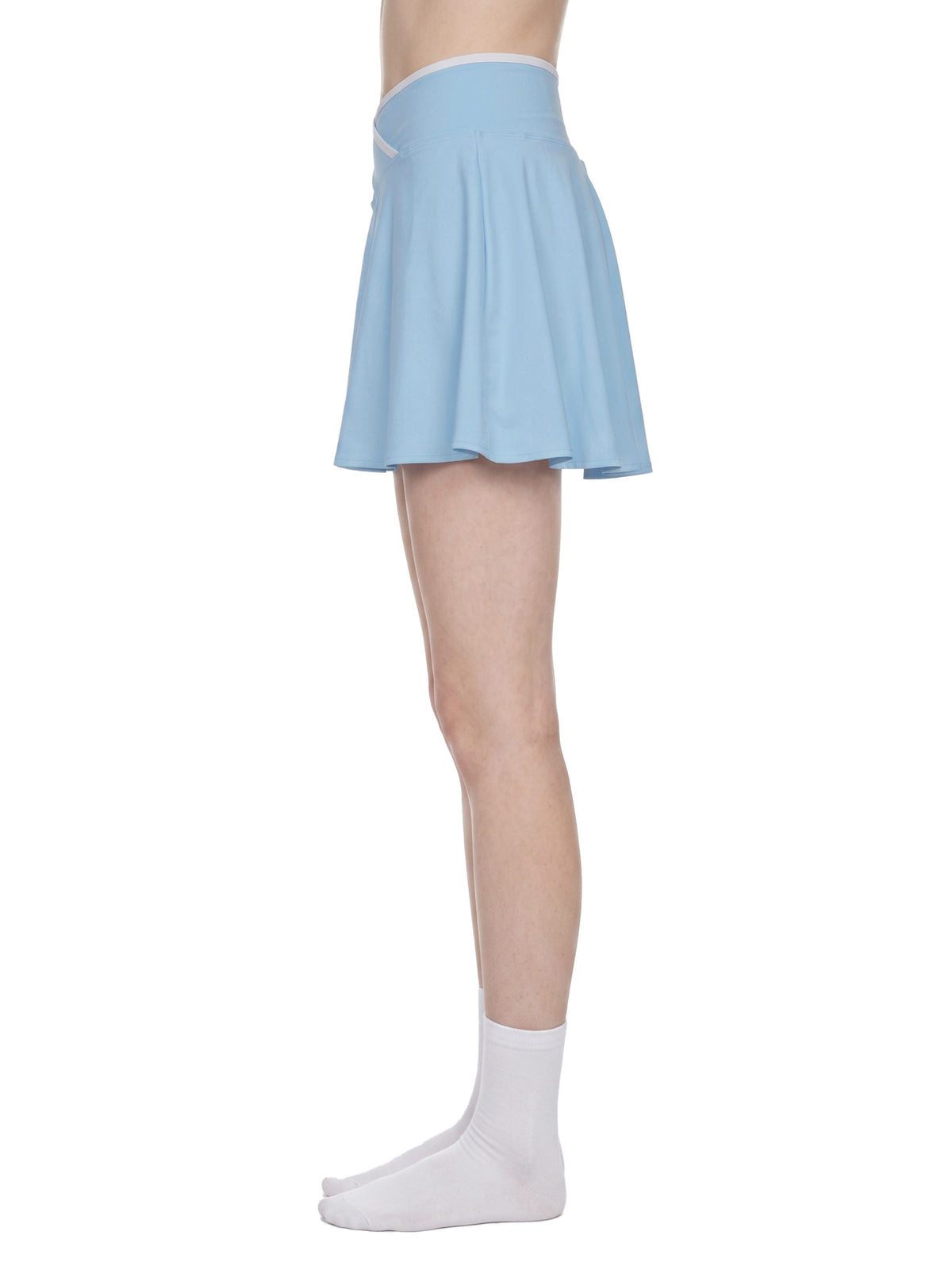 YA TOUR Women's Color Block A-Line Skirt – Sky Blue, on-model side view showing A-line length and white color block waistband trim