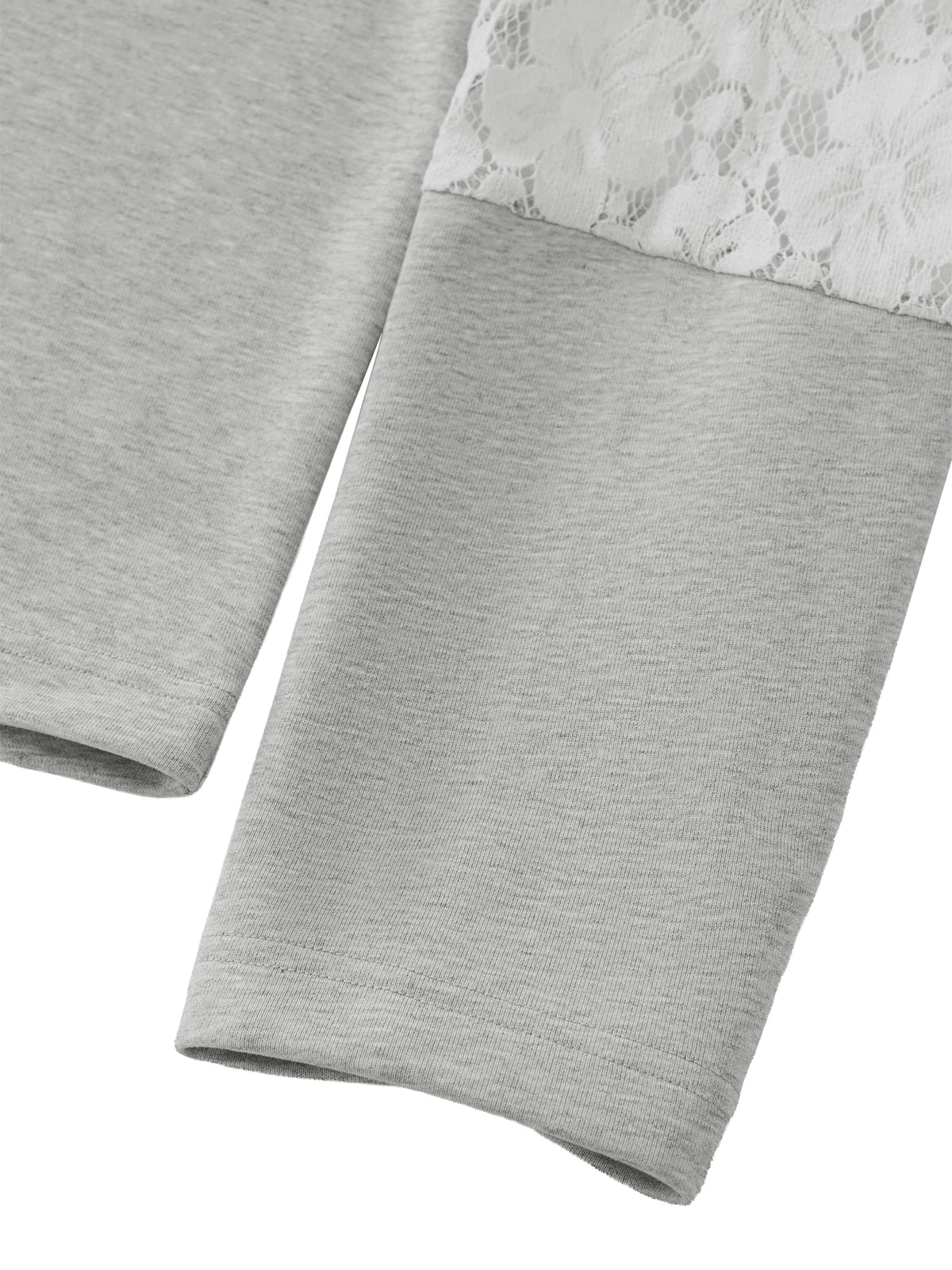 YA TOUR Women's Cropped Lace-Panel Hoodie – Light Gray, close-up of sleeve showing lace panel patchwork detail and straight ribbed cuff construction