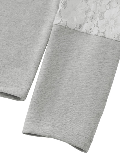 YA TOUR Women's Cropped Lace-Panel Hoodie – Light Gray, close-up of sleeve showing lace panel patchwork detail and straight ribbed cuff construction