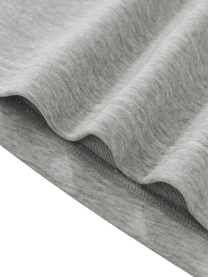 YA TOUR Women's Cropped Lace-Panel Hoodie – Light Gray, macro close-up of straight hem showing 85% cotton 15% polyester knit fabric texture and seam finish