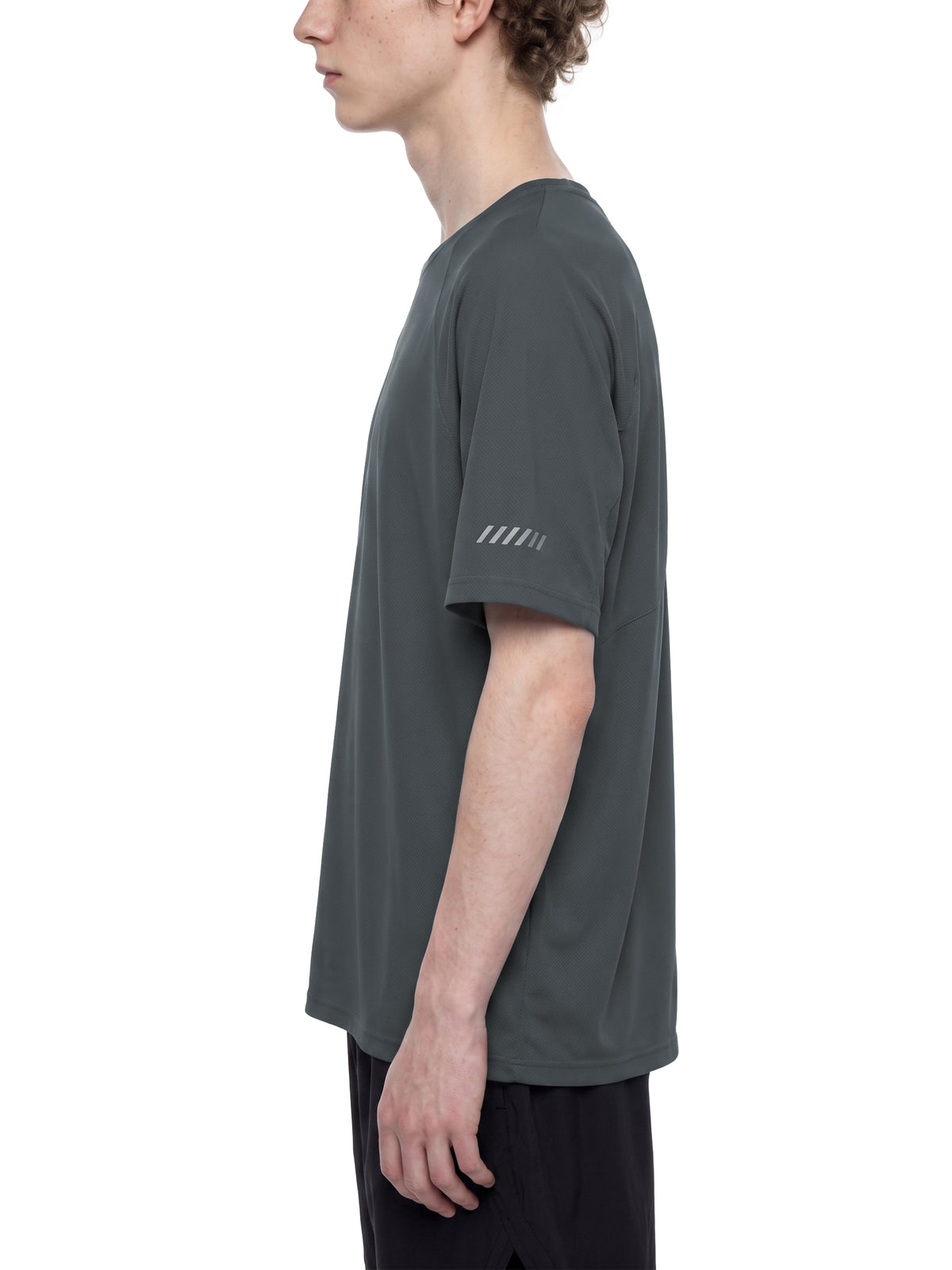 YA TOUR Men's Reflective Raglan T-Shirt – Dark Gray, side view on model showing reflective sleeve stripe