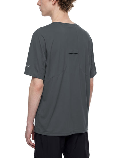 YA TOUR Men's Reflective Raglan T-Shirt – Dark Gray, back angle view on model showing reflective sleeve detail