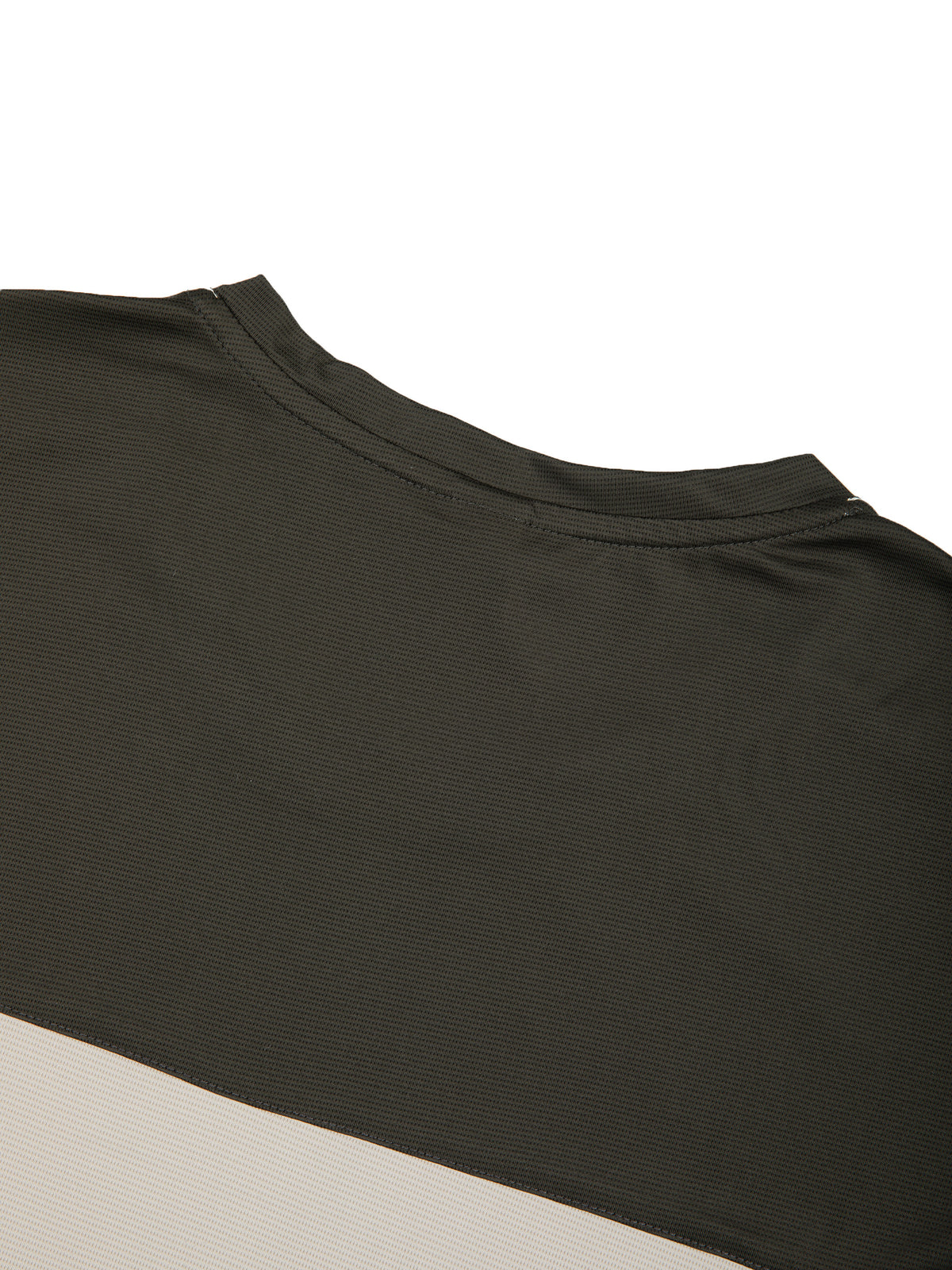 YA TOUR Men's Color Block Performance T-Shirt – Dark Olive / Beige color block, close-up of crew neck showing ribbed collar construction and fabric texture