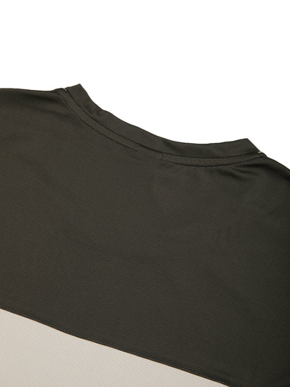 YA TOUR Men's Color Block Performance T-Shirt – Dark Olive / Beige color block, close-up of crew neck showing ribbed collar construction and fabric texture