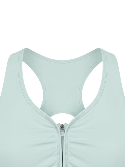 YA TOUR Women's Cropped Zip Sports Bra — close-up of front zip closure and neckline detail