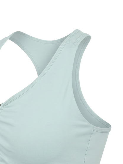 YA TOUR Women's Cropped Zip Sports Bra mint green — close-up of racerback strap and shoulder construction