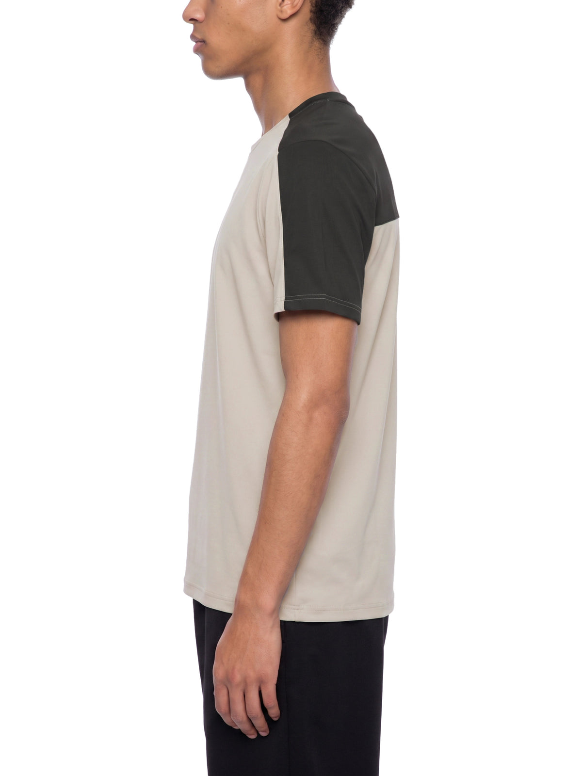YA TOUR Men's Color Block Performance T-Shirt – Beige / Dark color block, on-model side view showing crew neck, short sleeves with contrast color block panels and athletic fit