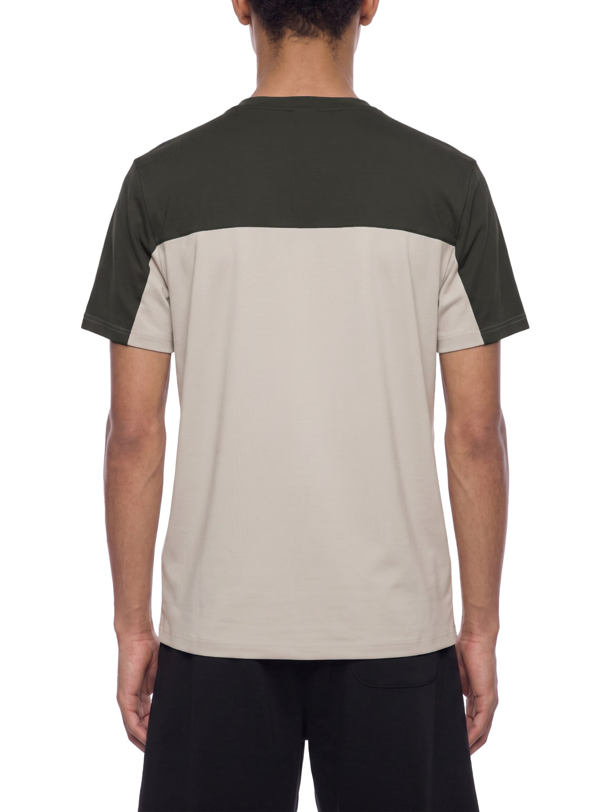 YA TOUR Men's Color Block Performance T-Shirt – Beige / Dark Olive color block, on-model back view showing crew neck, short sleeves with contrast color block panels and athletic fit