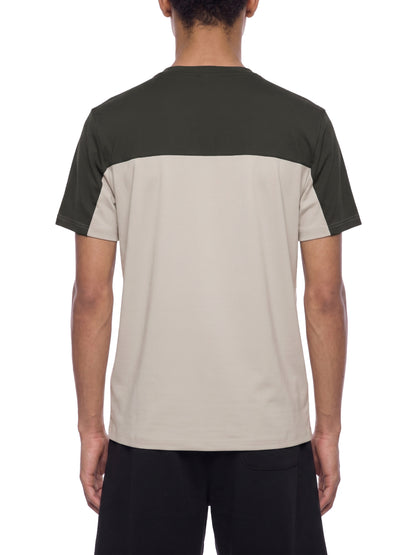 YA TOUR Men's Color Block Performance T-Shirt – Beige / Dark Olive color block, on-model back view showing crew neck, short sleeves with contrast color block panels and athletic fit