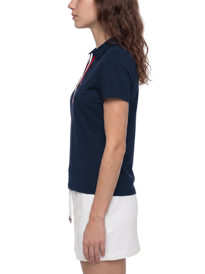 YA TOUR Women's Color Block Polo Shirt navy blue — on-model side view showing skinny fit and collar detail
