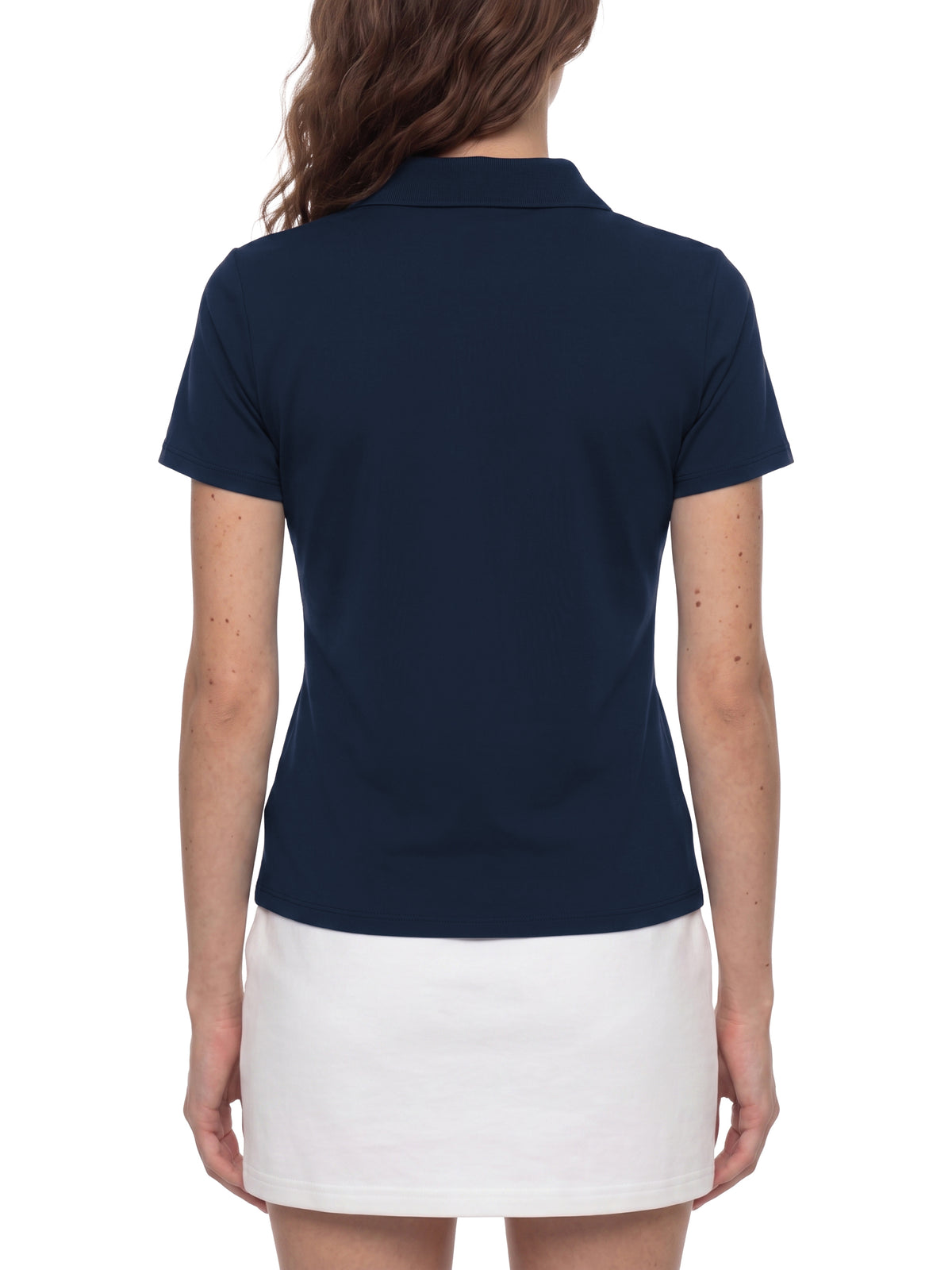 YA TOUR Women's Color Block Polo Shirt navy blue — on-model back view showing fit and silhouette