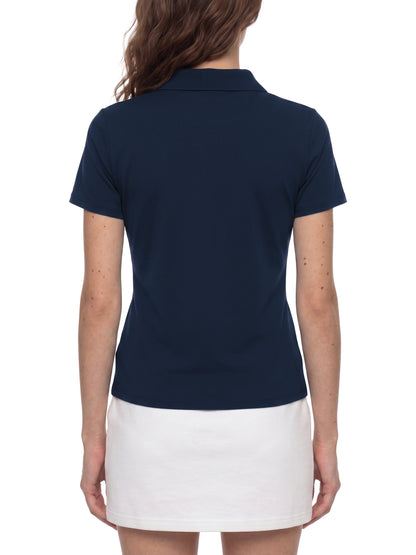 YA TOUR Women's Color Block Polo Shirt navy blue — on-model back view showing fit and silhouette